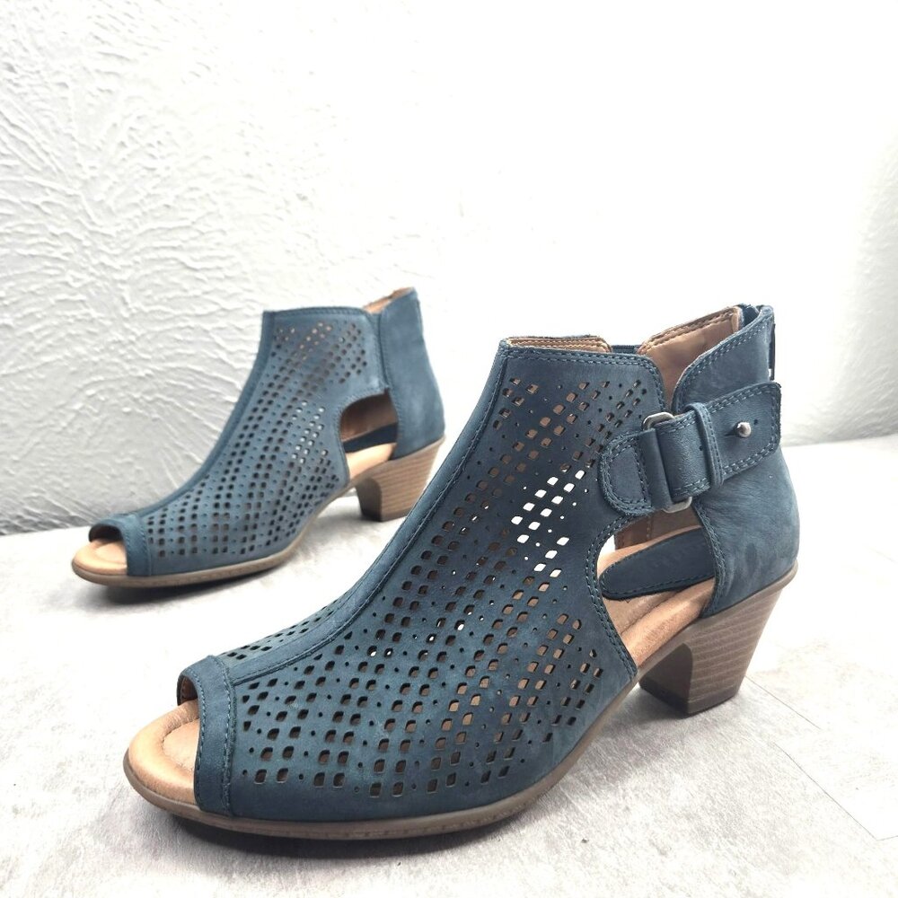 🛍Earth Peep Toe Ankle Booties Size 6 Navy Blue Low Block Heel Boho Comfort Boot